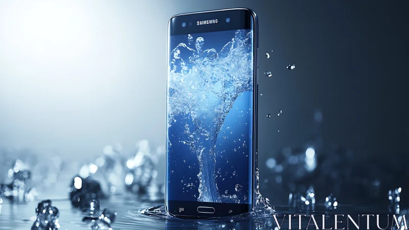 Smartphone standing in water with splash visualized on screen.