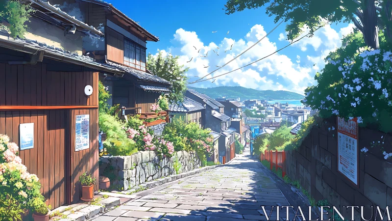 Sunlit coastal slope with traditional wooden townhouses and bay