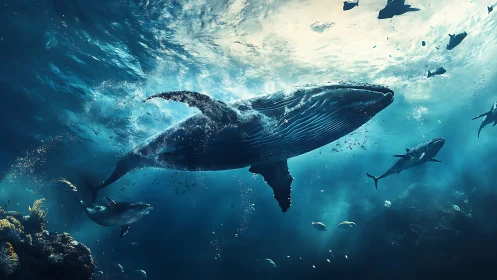 Ocean colossus gliding through sapphire cathedral light.