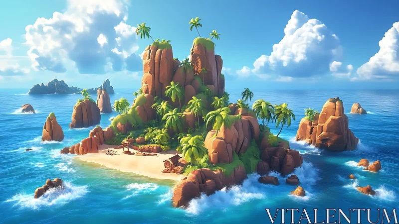 Tropical island archipelago with towering granite formations and verdant vegetation