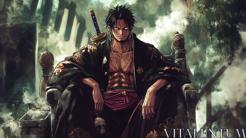 Dark anime swordsman seated on a smoky stone throne.