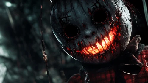 Distressed stitched mask displays internal orange light source