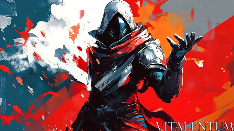 Hooded cyber warrior commands abstract red storm.