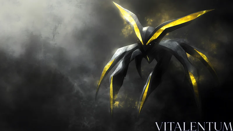 Angular voidborne mech-arachnid emerging from turbulent haze.