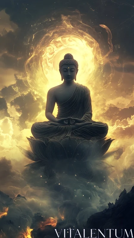 Buddha statue hovers above lotus amid radiant storm clouds.