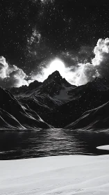 Monochrome mountain lake beneath backlit celestial body.