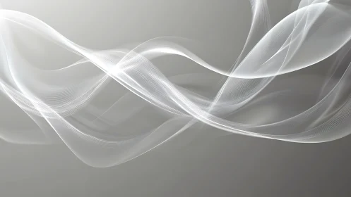 White flowing abstract wave lines on soft gray background.