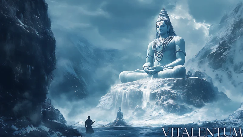 Massive blue Shiva statue dominates frozen mountain valley.