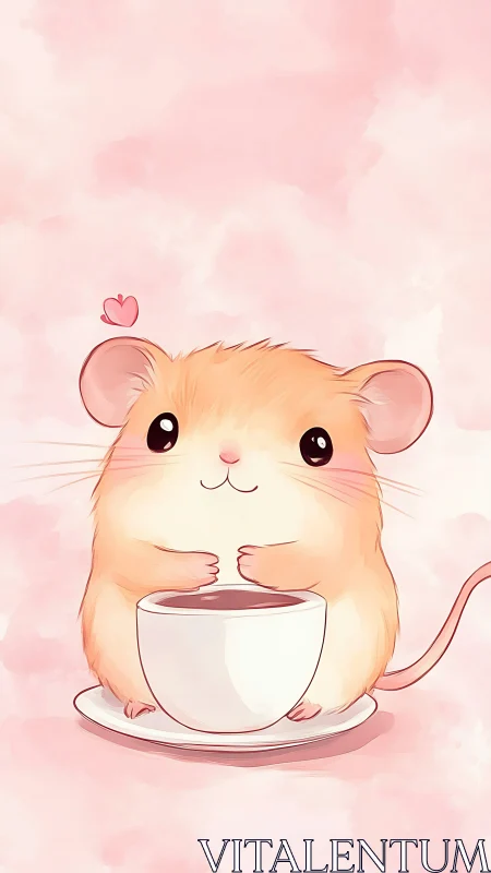 Pastel kawaii hamster holding teacup on soft pink wash.