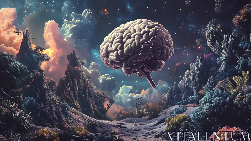 Cosmic landscape with levitating brain and lone explorer.