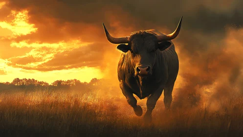 Large horned bull running through dusty field at sunset.