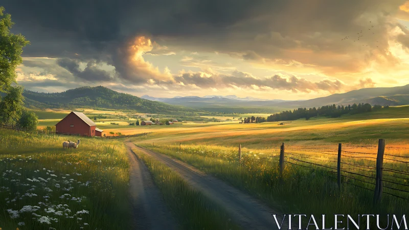 Golden-hour rural valley landscape with dirt road perspective