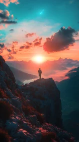 Lone figure observes surreal neon sunset above vast range