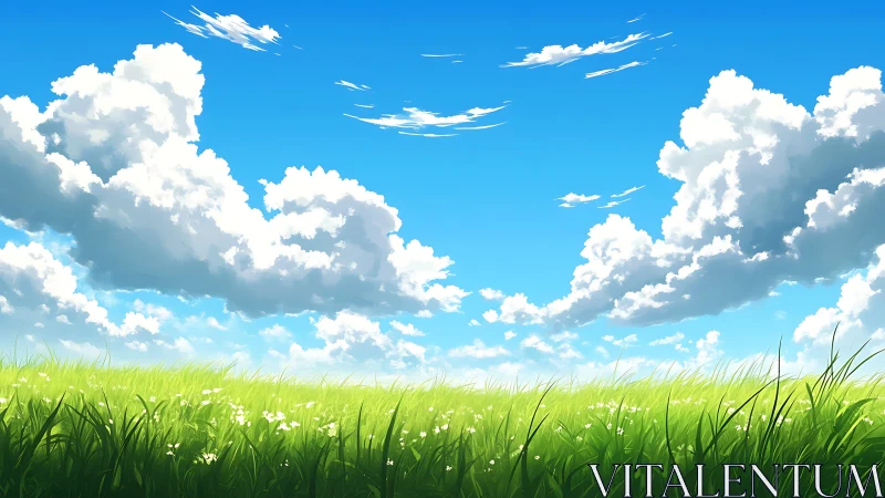 Sunlit grass field stretches beneath towering summer clouds