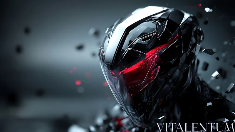 Cybernetic helmet portrait with red visor and shards.