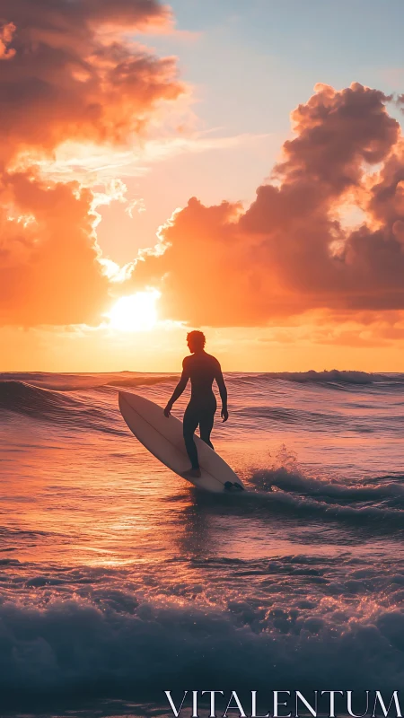 Golden sunset surfer glides peacefully across glowing waves
