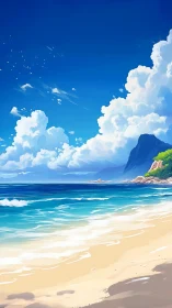 Calm sandy shoreline under bright blue sky and clouds.