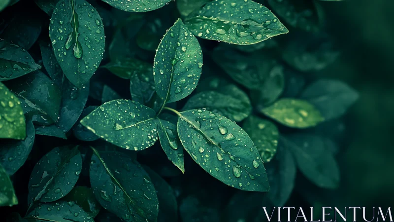 Rain-drenched green leaves in deep moody close-up focus.
