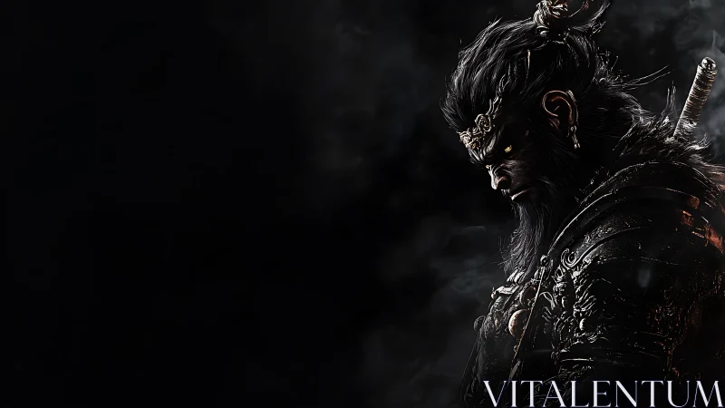 Mythic simian warrior in ornate armor against deep black void