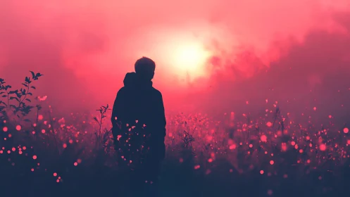 Silhouetted figure stands in glowing pink misty field at dusk
