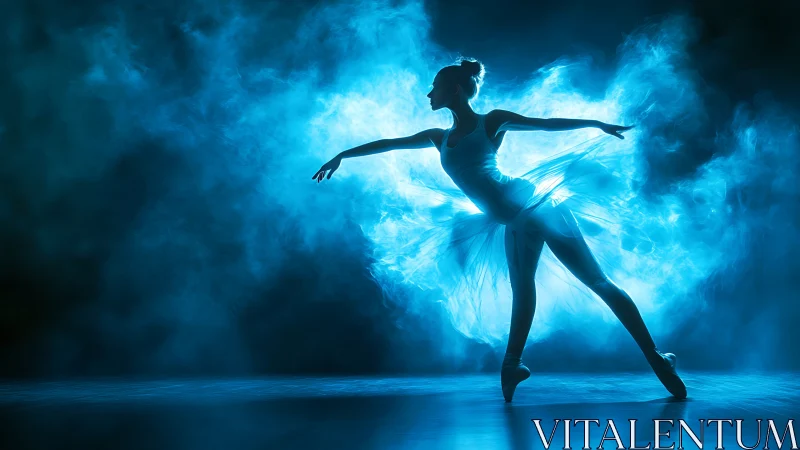Ballerina silhouette in blue backlit theatrical stage smoke.