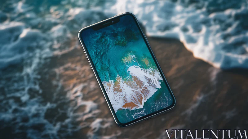 Smartphone screen mirrors breaking ocean waves in midair