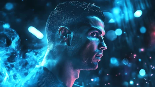 Neon blue cyber-lit male profile portrait with vapor effects