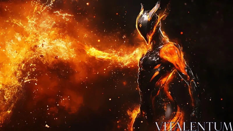 Volumetric fire entity with molten exosuit in dark nebula field.