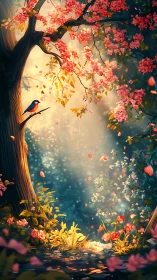Songbird under blossom lanterns in a sun-dusted forest glade.