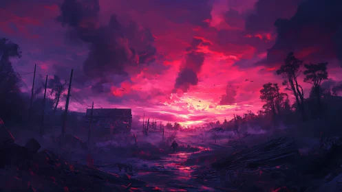 Digital painting of post-apocalyptic dusk marshland panorama.