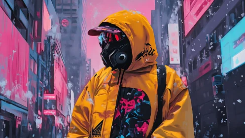 Neon storm wanderer in yellow hooded mask roams dusk streets.