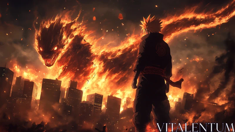 Incandescent urban leviathan confronting lone anime combatant.