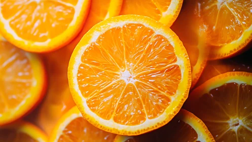 Vibrant orange slices under bright macro studio lighting.