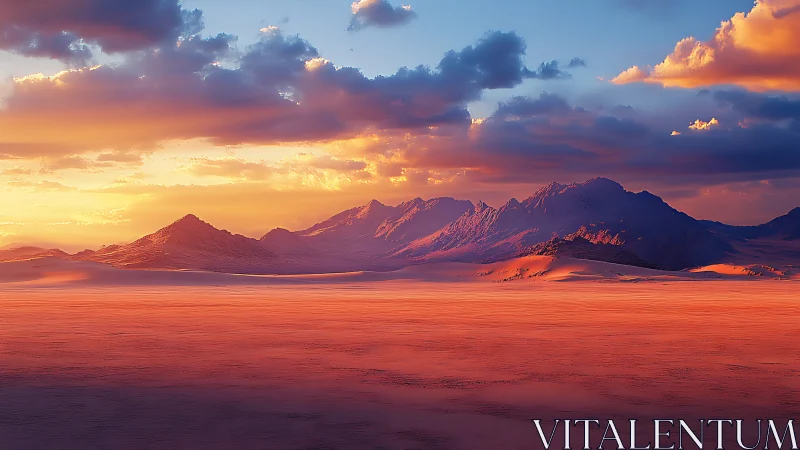 Desert plain with distant mountains under sunset light.