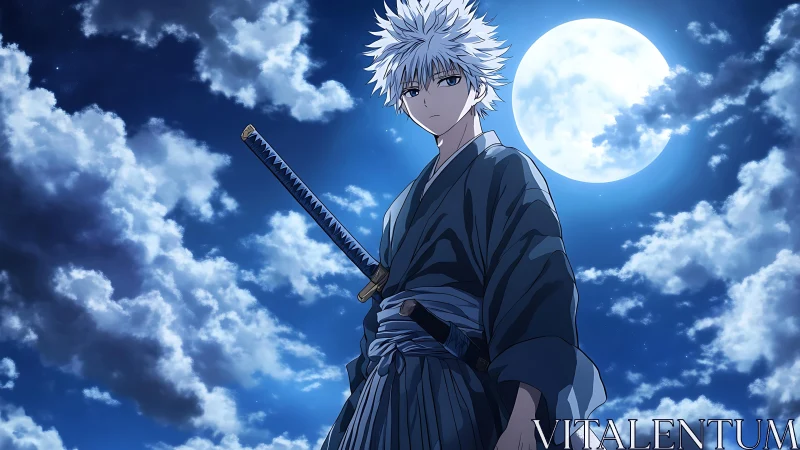 White haired swordsman under full moon in cloudy night sky.