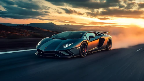 Dark sports car moving on open highway at sunset light.