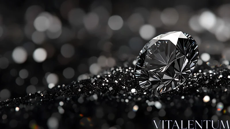 Solitary faceted gemstone rests on granular dark substrate