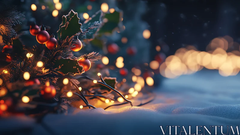 Snowy Christmas lights glow softly beside frosted greenery.