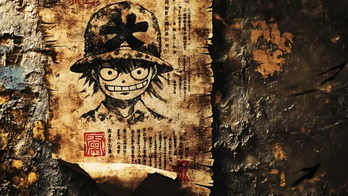 Weathered anime wanted poster on distressed stone wall.