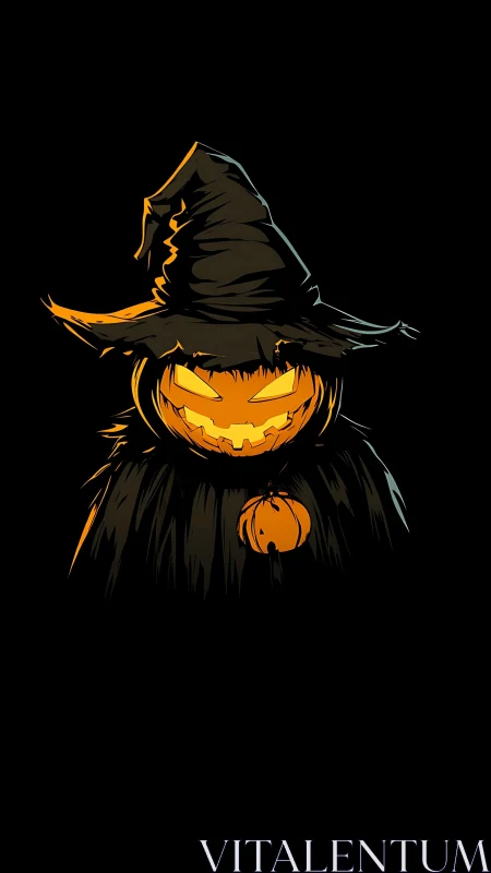 Stylized witch-hat jack-o’-lantern character on black field.