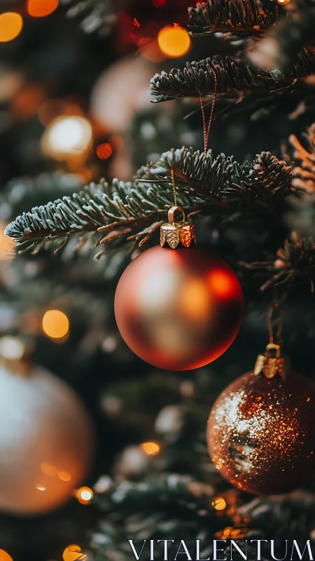 Red and gold baubles on evergreen branch with soft lights.