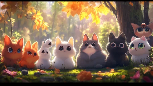 Adorable Cats Gathering in Sunlit Autumn Forest.