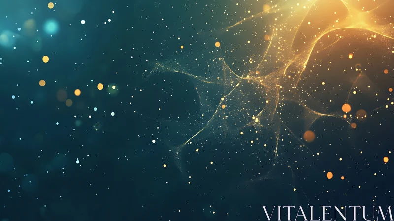 Golden particle network forms radiant nebula against teal void