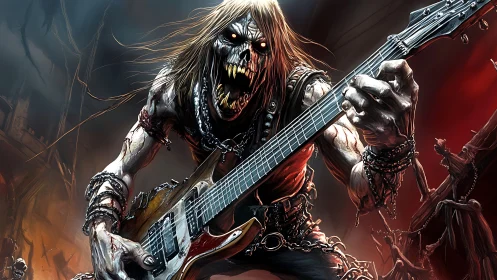 Ferocious undead guitarist unleashes a roaring metal solo