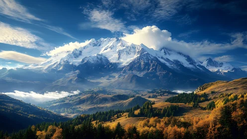 Snow-covered mountain range dominates sunlit autumn valley