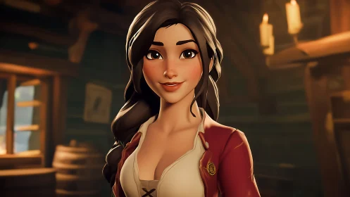 Cinematic 3D pirate tavern heroine with warm rim lighting