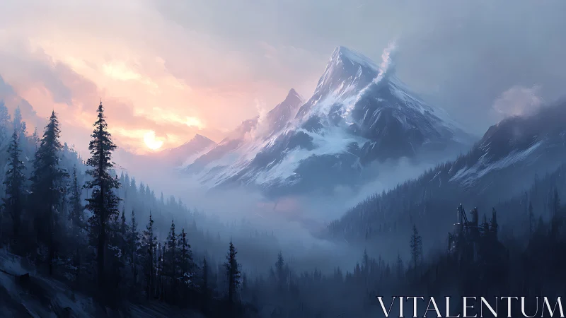 Snow-covered mountain peaks over misty conifer valley.