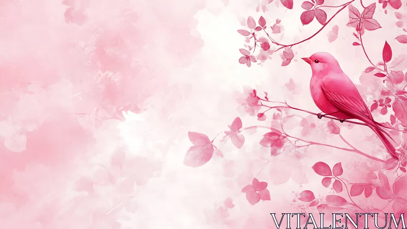 Pink Bird Perched Among Flowering Branches in Soft Dreamscape