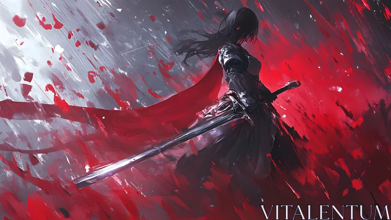 Dark armored swordswoman stands in red storm of energy.