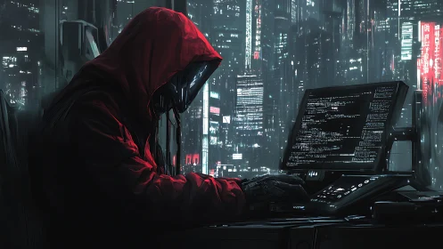 Hooded hacker at computer in neon cyberpunk city at night.